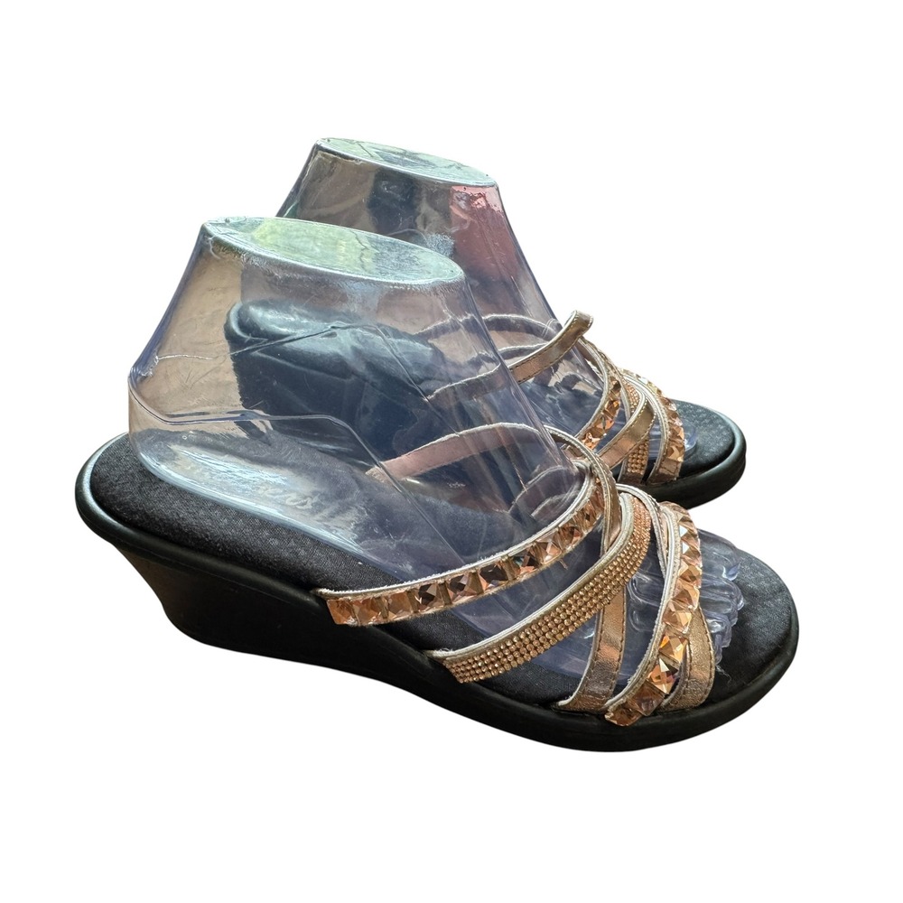 Skechers Wedge Sandals Womens 9 Rose Gold Excellent Rhinestone Strappy Slide